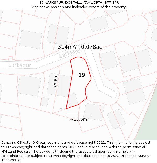 19, LARKSPUR, DOSTHILL, TAMWORTH, B77 1PR: Plot and title map