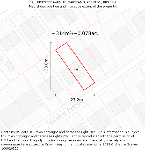 19, LEICESTER AVENUE, GARSTANG, PRESTON, PR3 1FH: Plot and title map