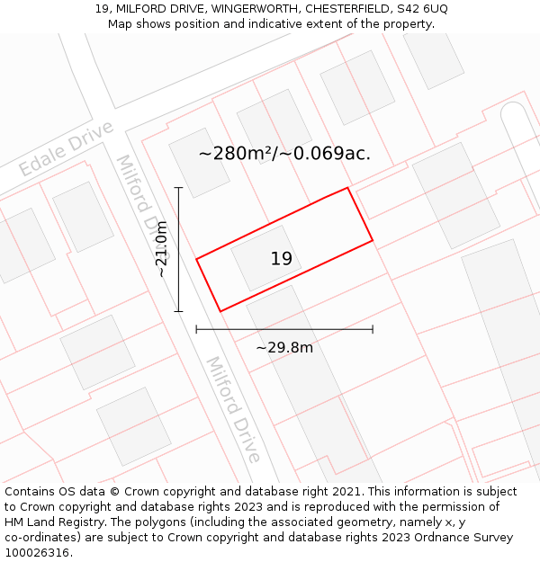 19, MILFORD DRIVE, WINGERWORTH, CHESTERFIELD, S42 6UQ: Plot and title map