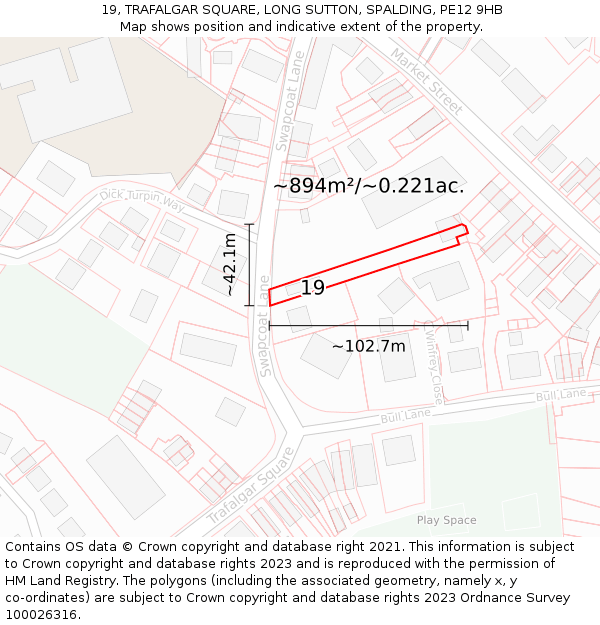 19, TRAFALGAR SQUARE, LONG SUTTON, SPALDING, PE12 9HB: Plot and title map