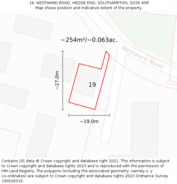 19, WESTWARD ROAD, HEDGE END, SOUTHAMPTON, SO30 4NP: Plot and title map