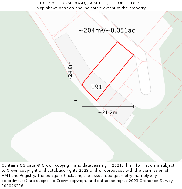 191, SALTHOUSE ROAD, JACKFIELD, TELFORD, TF8 7LP: Plot and title map