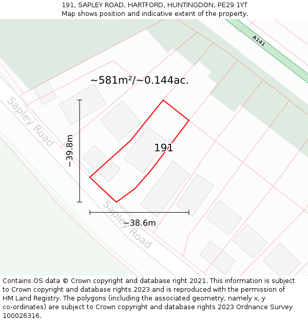 191, SAPLEY ROAD, HARTFORD, HUNTINGDON, PE29 1YT: Plot and title map
