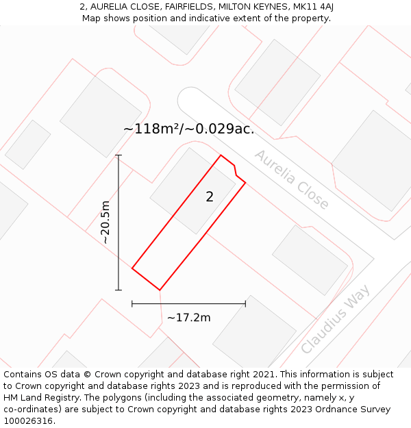 2, AURELIA CLOSE, FAIRFIELDS, MILTON KEYNES, MK11 4AJ: Plot and title map