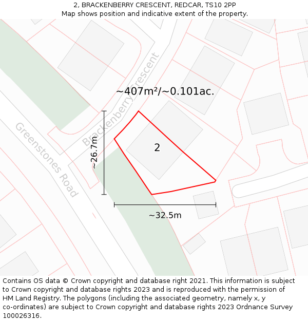 2, BRACKENBERRY CRESCENT, REDCAR, TS10 2PP: Plot and title map