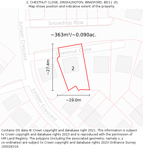 2, CHESTNUT CLOSE, DRIGHLINGTON, BRADFORD, BD11 1FJ: Plot and title map