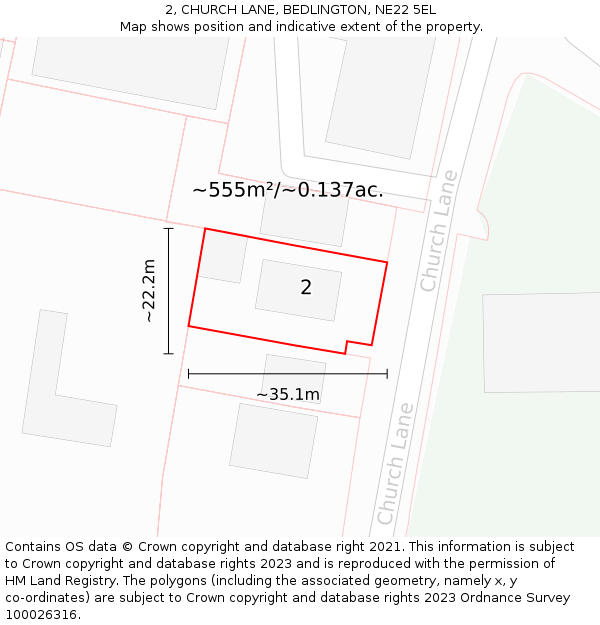 2, CHURCH LANE, BEDLINGTON, NE22 5EL: Plot and title map