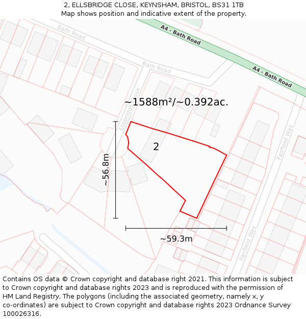 2, ELLSBRIDGE CLOSE, KEYNSHAM, BRISTOL, BS31 1TB: Plot and title map