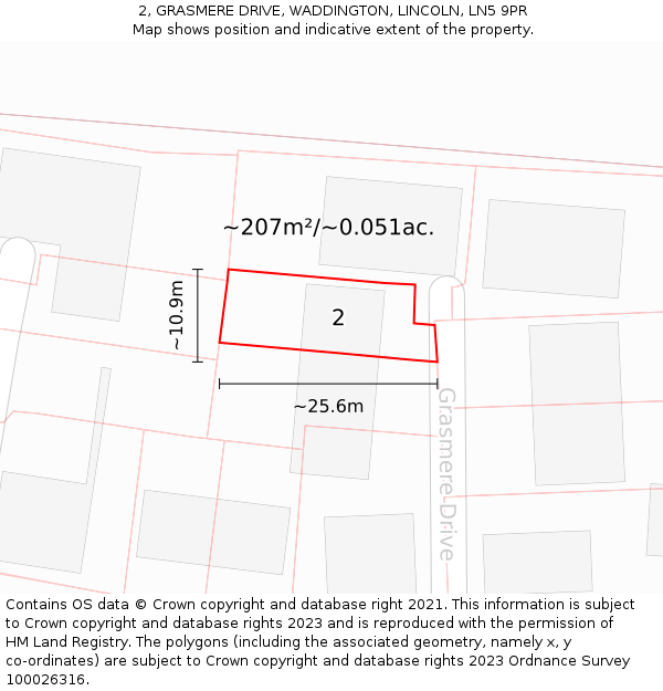 2, GRASMERE DRIVE, WADDINGTON, LINCOLN, LN5 9PR: Plot and title map