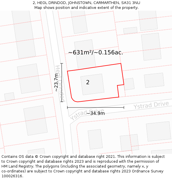 2, HEOL DRINDOD, JOHNSTOWN, CARMARTHEN, SA31 3NU: Plot and title map