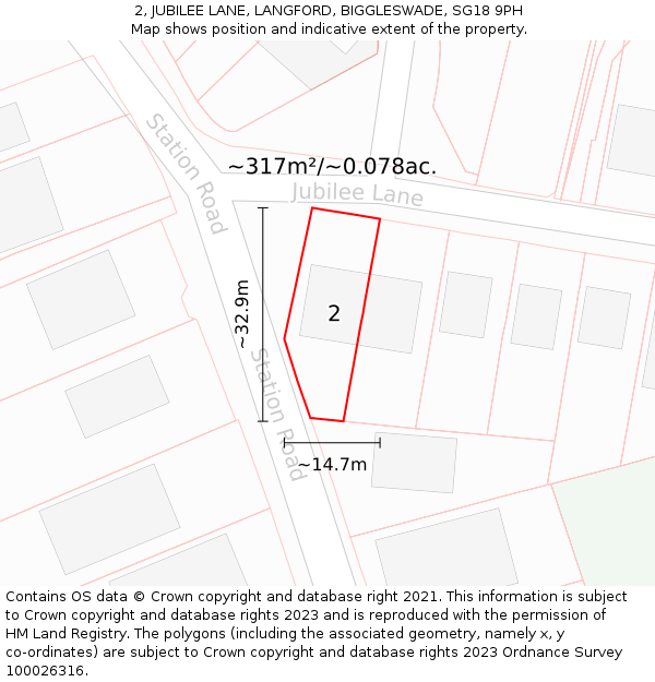 2, JUBILEE LANE, LANGFORD, BIGGLESWADE, SG18 9PH: Plot and title map