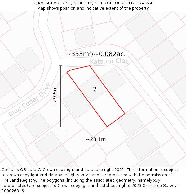 2, KATSURA CLOSE, STREETLY, SUTTON COLDFIELD, B74 2AR: Plot and title map