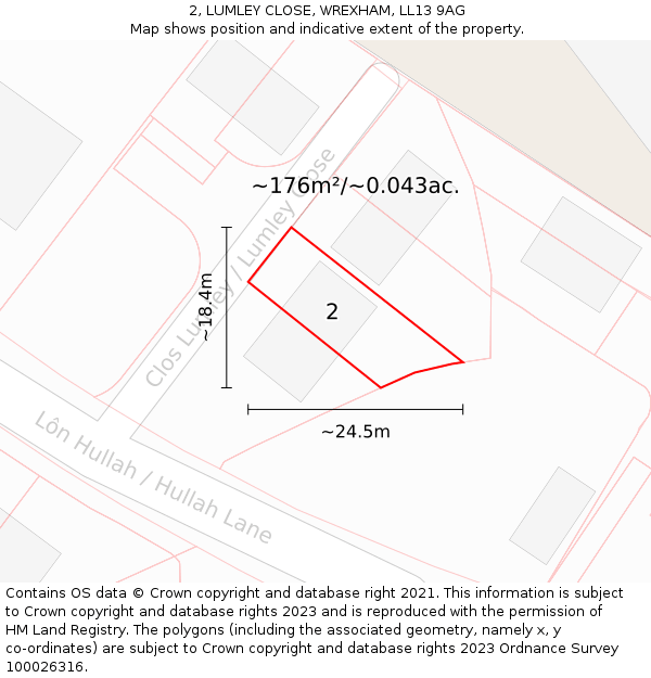 2, LUMLEY CLOSE, WREXHAM, LL13 9AG: Plot and title map