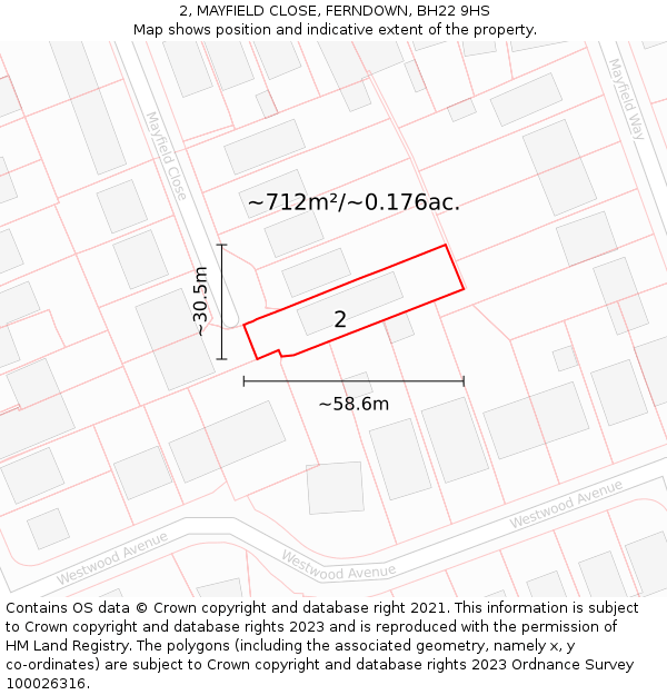 2, MAYFIELD CLOSE, FERNDOWN, BH22 9HS: Plot and title map