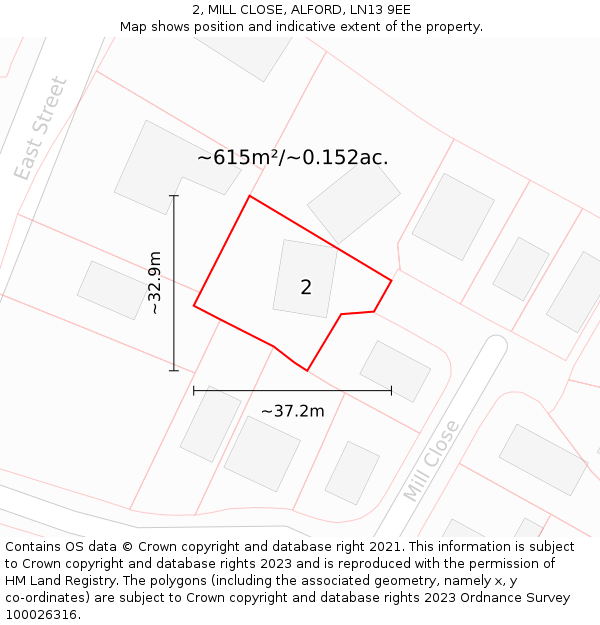 2, MILL CLOSE, ALFORD, LN13 9EE: Plot and title map