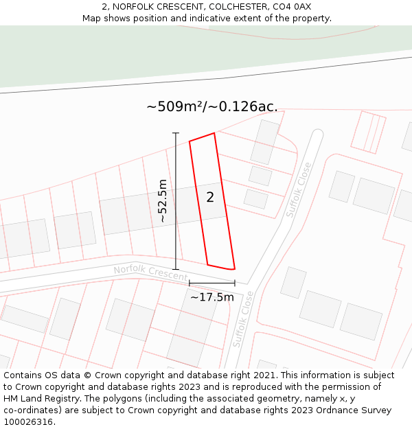 2, NORFOLK CRESCENT, COLCHESTER, CO4 0AX: Plot and title map