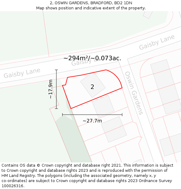 2, OSWIN GARDENS, BRADFORD, BD2 1DN: Plot and title map