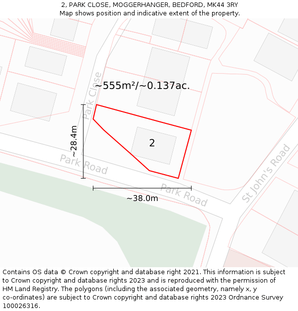 2, PARK CLOSE, MOGGERHANGER, BEDFORD, MK44 3RY: Plot and title map