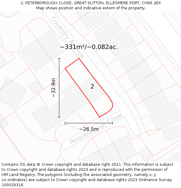2, PETERBOROUGH CLOSE, GREAT SUTTON, ELLESMERE PORT, CH66 2EX: Plot and title map