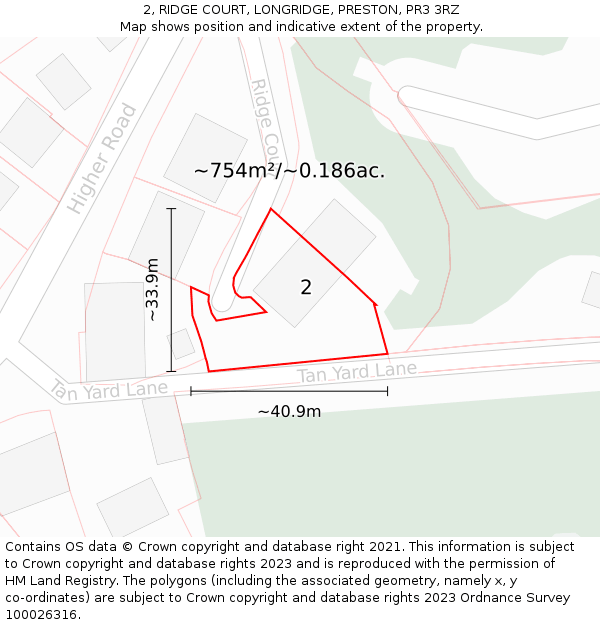 2, RIDGE COURT, LONGRIDGE, PRESTON, PR3 3RZ: Plot and title map