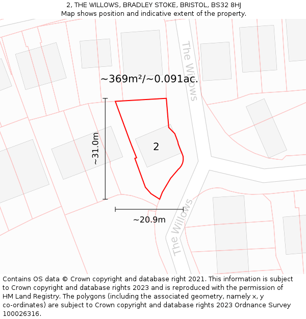 2, THE WILLOWS, BRADLEY STOKE, BRISTOL, BS32 8HJ: Plot and title map