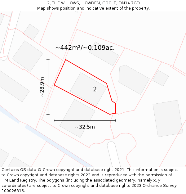 2, THE WILLOWS, HOWDEN, GOOLE, DN14 7GD: Plot and title map