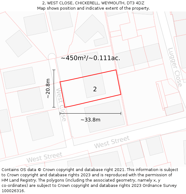 2, WEST CLOSE, CHICKERELL, WEYMOUTH, DT3 4DZ: Plot and title map