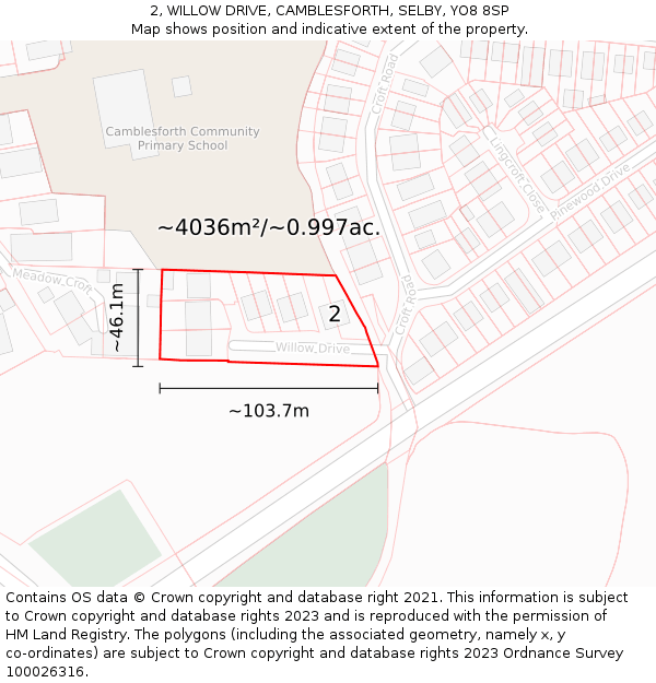2, WILLOW DRIVE, CAMBLESFORTH, SELBY, YO8 8SP: Plot and title map