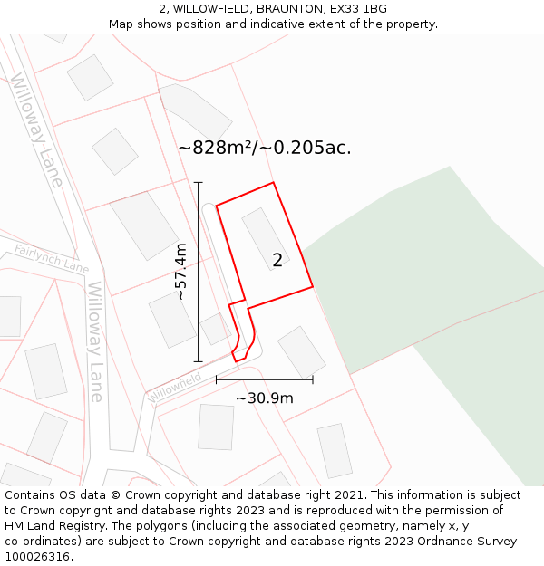 2, WILLOWFIELD, BRAUNTON, EX33 1BG: Plot and title map