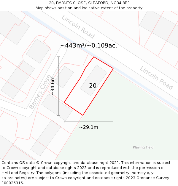 20, BARNES CLOSE, SLEAFORD, NG34 8BF: Plot and title map