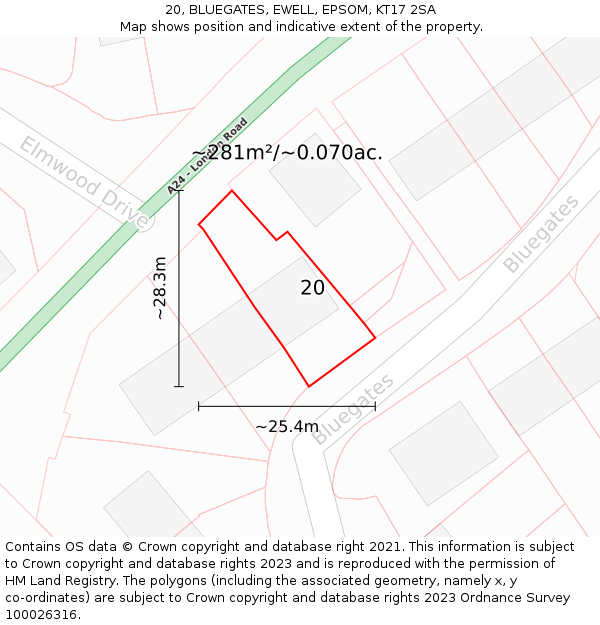 20, BLUEGATES, EWELL, EPSOM, KT17 2SA: Plot and title map