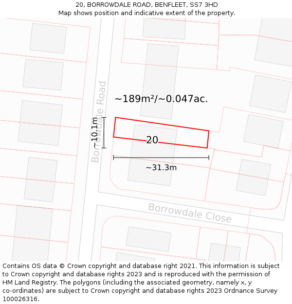 20, BORROWDALE ROAD, BENFLEET, SS7 3HD: Plot and title map