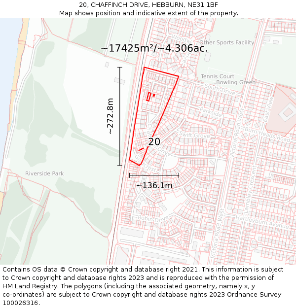 20, CHAFFINCH DRIVE, HEBBURN, NE31 1BF: Plot and title map
