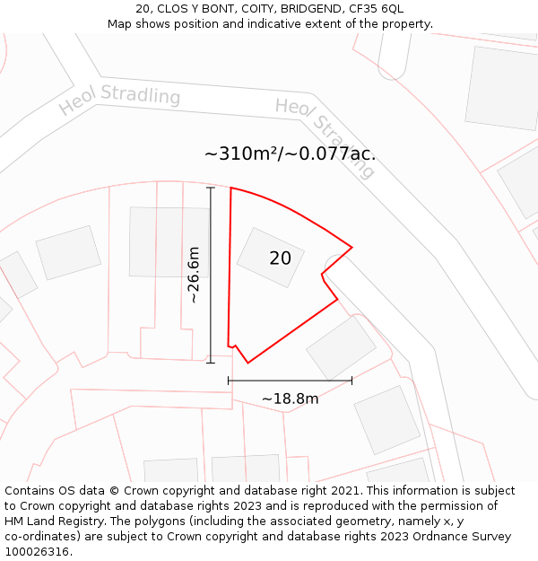 20, CLOS Y BONT, COITY, BRIDGEND, CF35 6QL: Plot and title map
