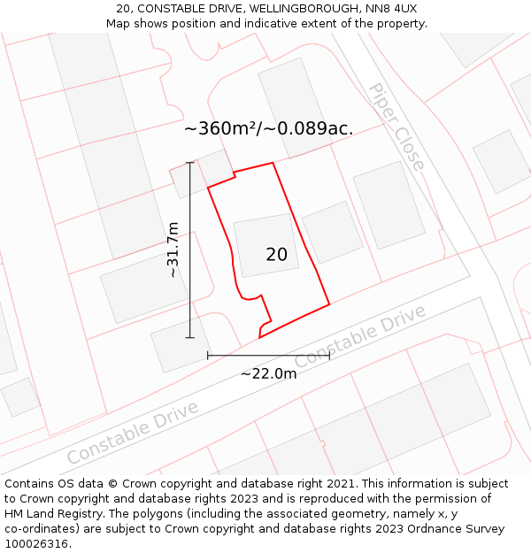 20, CONSTABLE DRIVE, WELLINGBOROUGH, NN8 4UX: Plot and title map