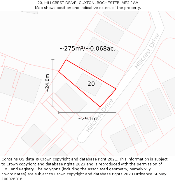 20, HILLCREST DRIVE, CUXTON, ROCHESTER, ME2 1AA: Plot and title map