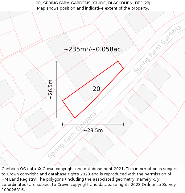 20, SPRING FARM GARDENS, GUIDE, BLACKBURN, BB1 2RJ: Plot and title map