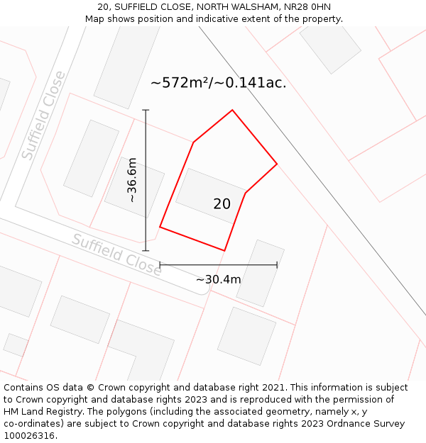 20, SUFFIELD CLOSE, NORTH WALSHAM, NR28 0HN: Plot and title map