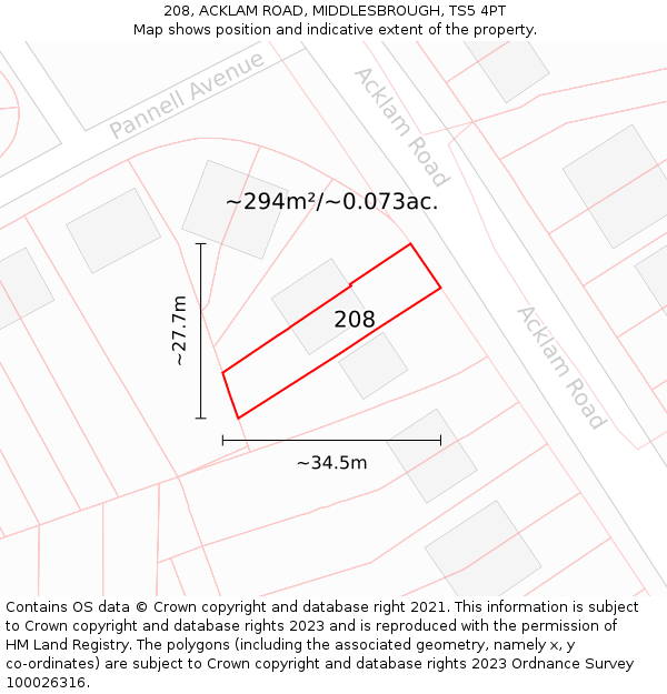208, ACKLAM ROAD, MIDDLESBROUGH, TS5 4PT: Plot and title map