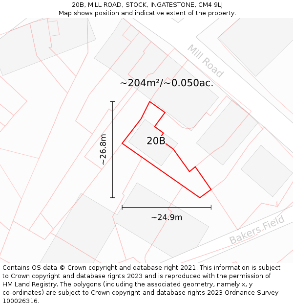 20B, MILL ROAD, STOCK, INGATESTONE, CM4 9LJ: Plot and title map