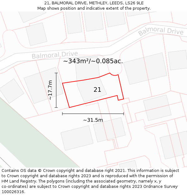 21, BALMORAL DRIVE, METHLEY, LEEDS, LS26 9LE: Plot and title map