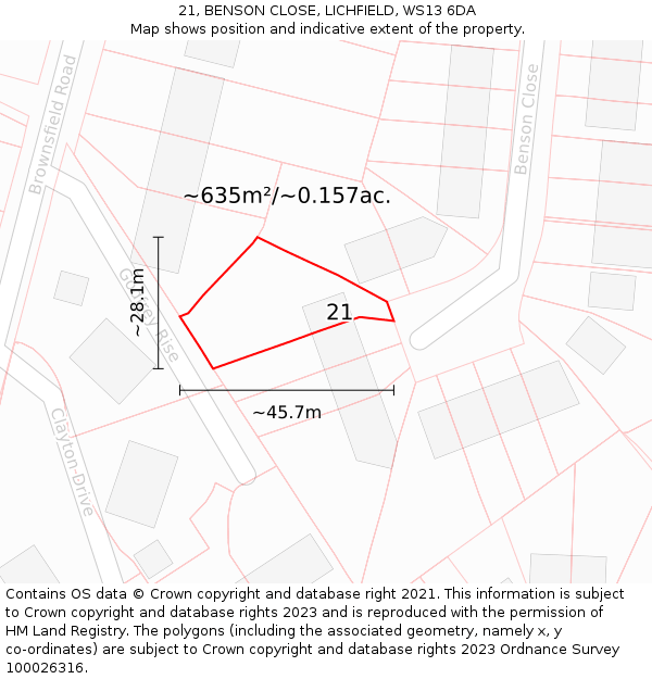 21, BENSON CLOSE, LICHFIELD, WS13 6DA: Plot and title map