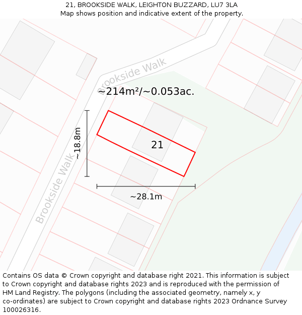 21, BROOKSIDE WALK, LEIGHTON BUZZARD, LU7 3LA: Plot and title map