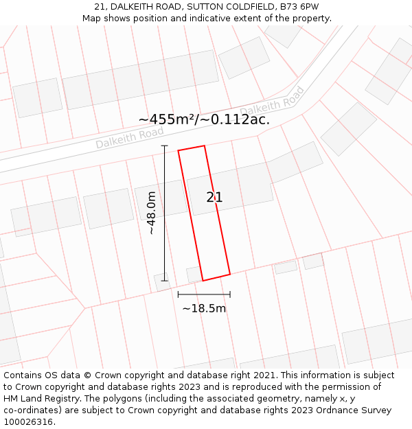 21, DALKEITH ROAD, SUTTON COLDFIELD, B73 6PW: Plot and title map