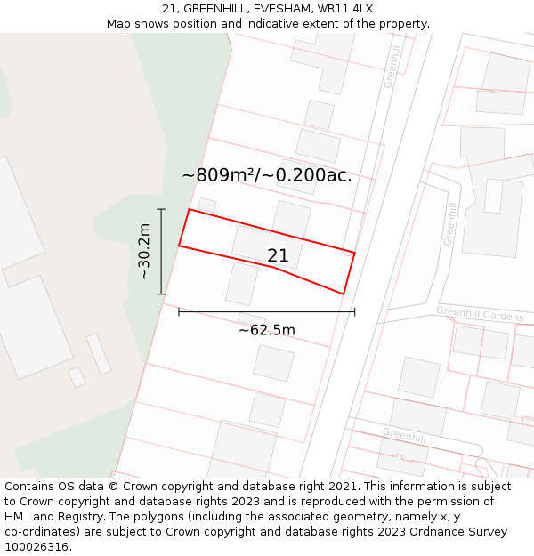 21, GREENHILL, EVESHAM, WR11 4LX: Plot and title map