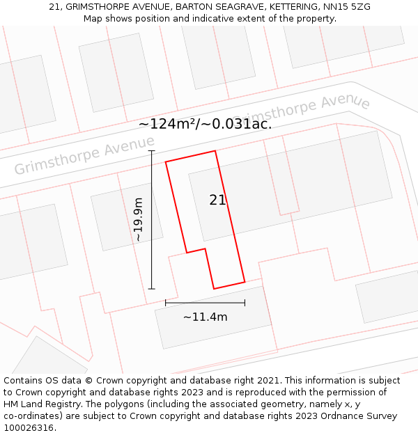 21, GRIMSTHORPE AVENUE, BARTON SEAGRAVE, KETTERING, NN15 5ZG: Plot and title map