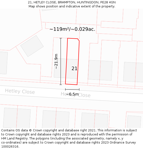 21, HETLEY CLOSE, BRAMPTON, HUNTINGDON, PE28 4GN: Plot and title map