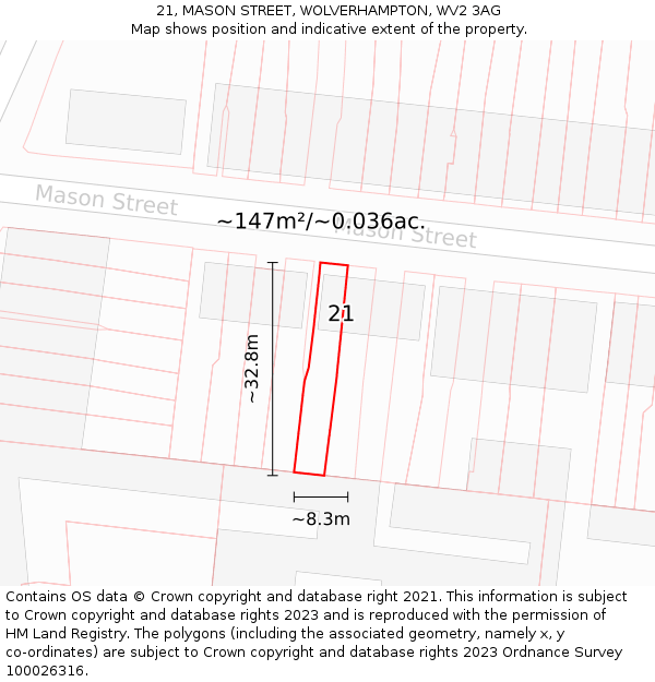 21, MASON STREET, WOLVERHAMPTON, WV2 3AG: Plot and title map