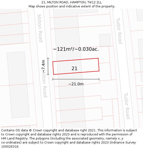 21, MILTON ROAD, HAMPTON, TW12 2LL: Plot and title map
