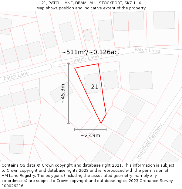 21, PATCH LANE, BRAMHALL, STOCKPORT, SK7 1HX: Plot and title map